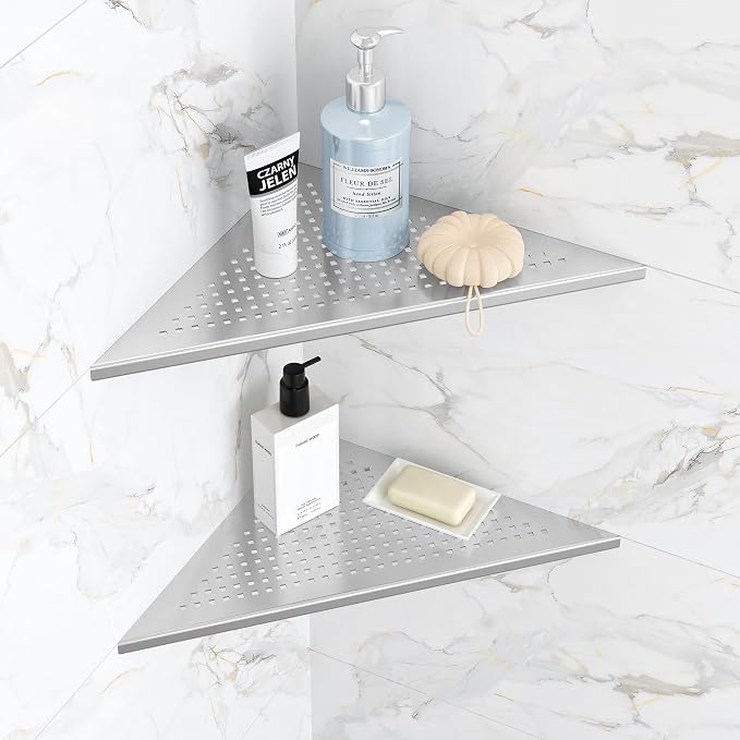 Qeke 2 Pack Bathroom Corner Shelf, Recessed 12" Corner Shower Shelf, SUS304 Stainless Steel Triangular Wall Mount, No Drilling, Brushed Nickel by Qeke