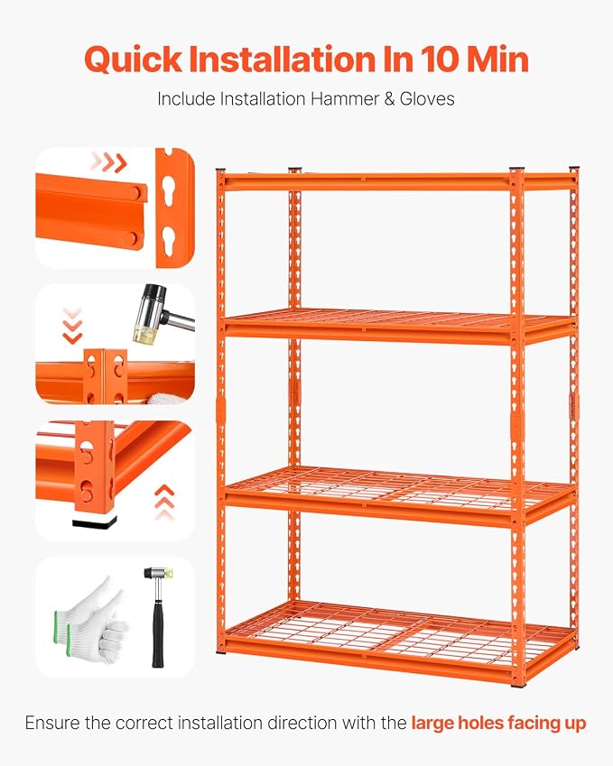 VEVOR Storage Shelves, 2400 lbs, 4 Tier Heavy Duty Garage Shelving, 20" D x 40" W x 60" H Adjustable Metal Shelves for Industrial Shelving Unit Utility Shelf, for Kitchen, Warehouse, Basement, Orange - Image 7