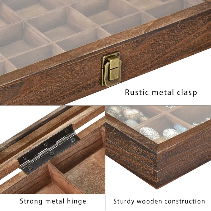 MOOCA Wooden Jewelry Display and Beads Display Storage Case with Tempered Glass Lid , 18 Compartments, 15" W x 8 3/8" L x 2 1/8" H, Brown Color - Image 5