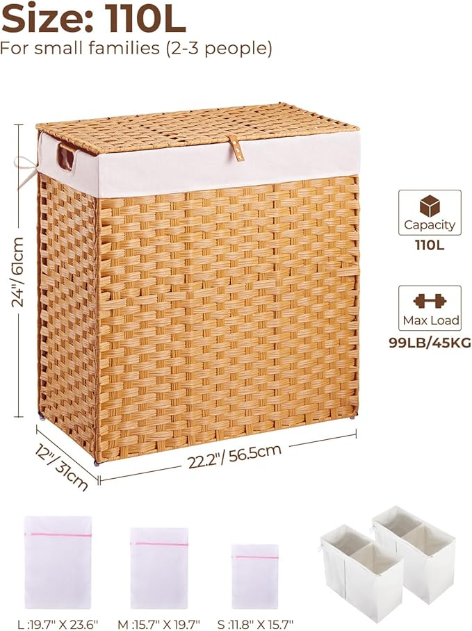 Greenstell Laundry Hamper with lid, No Install Needed, 110L Wicker Laundry Baskets Foldable 2 Removable Liner Bags, 2 Section Clothes Hamper Handwoven Rattan Laundry Basket with Handles, Natural - Image 5