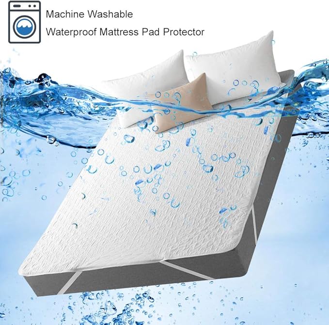 Quilted Fitted Mattress Pad Waterproof Fitted Sheet Mattress Protector with Highly Absorbent Fill Layer 100% Soft Cotton Blend Cover Surface, Breathable, Deep Pocket (Queen)