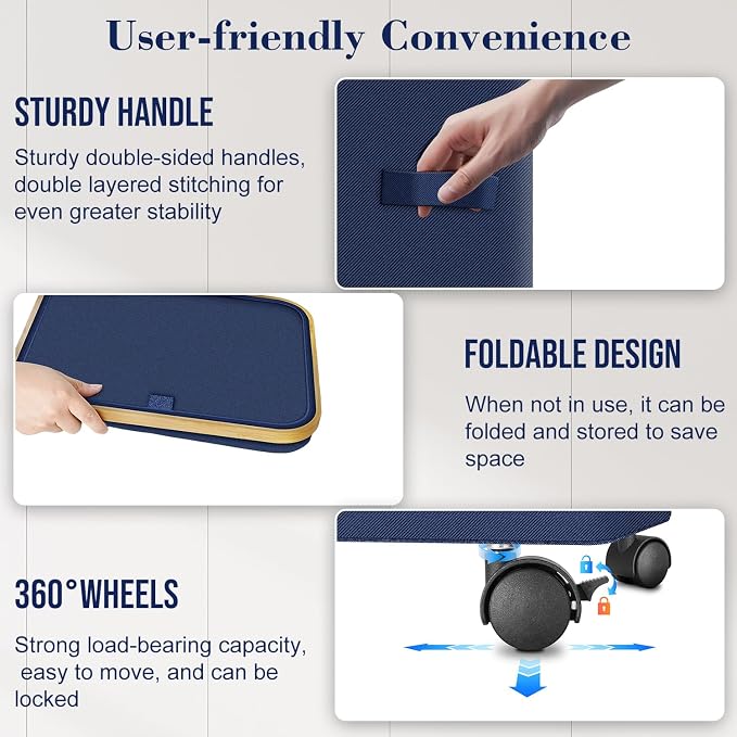 Laundry Hamper with Wheels,29 Gal (110L) Laundry Basket with lid Rolling Clothes Hamper Foldable Dirty Clothes Basket on wheels with Bamboo Frame and Bag for Bedroom, Dorm, Laundry Room-Blue - Image 2