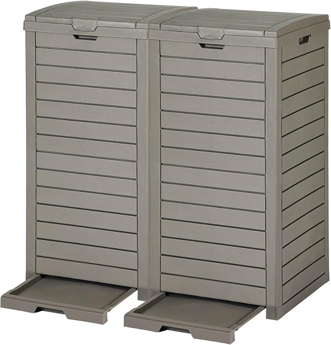 DWVO 38 Gallon Large Outdoor Trash Can, 2-Pack Waterproof Resin Hideaway Garbage Bin with Lid and Drip Tray, Outside Trash Bin for Porch, Backyard, Deck, Patio, Poolside, Easy to Clean, Taupe by DWVO