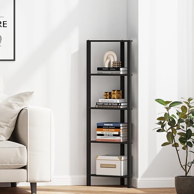 TUTOTAK Corner Shelf, 5-Tier Corner Bookshelf for Small Space, Narrow Display Corner Shelf Stand with Storage Rack, for Living Room, Bedroom, Black BS05BK005 - Image 4