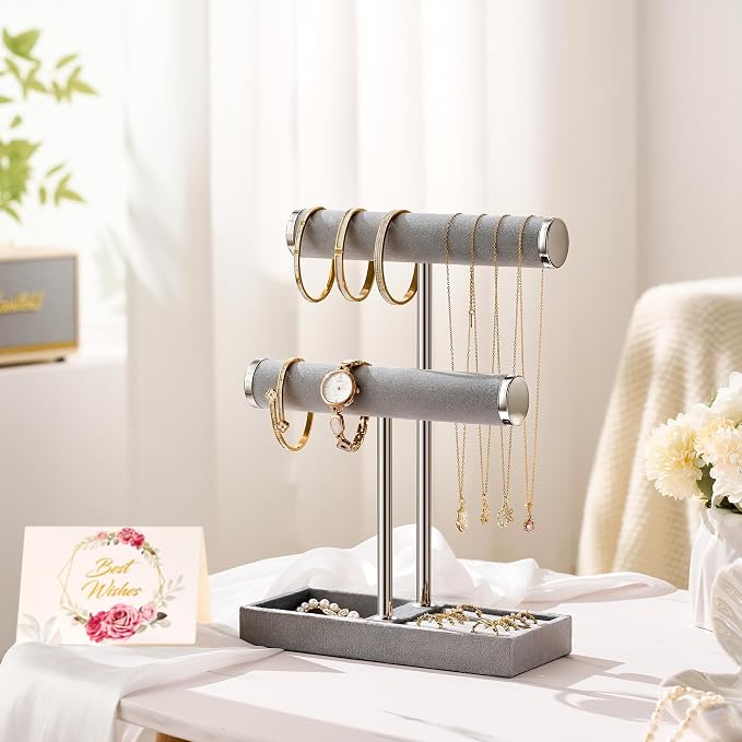 bussdis 2 Tier Bracelet Holder Display - Detachable T Bar Grey Velvet Bracelet Holder, Jewelry Holder Organizer for Bracelet, Necklace, Earrings, Rings - Image 4