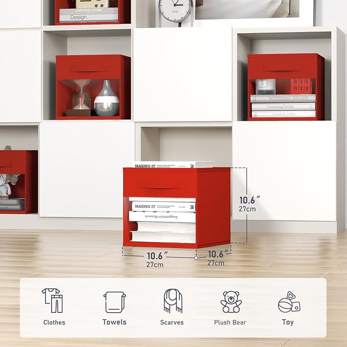 DIMJ Storage Cubes, Cube Storage Bin, 6 Pack Foldable Baskets with Window, Closet Storage Bins with Handle, 11x 11 inch Storage Cubes for Clothes, Toys, Books (Red) - Image 2