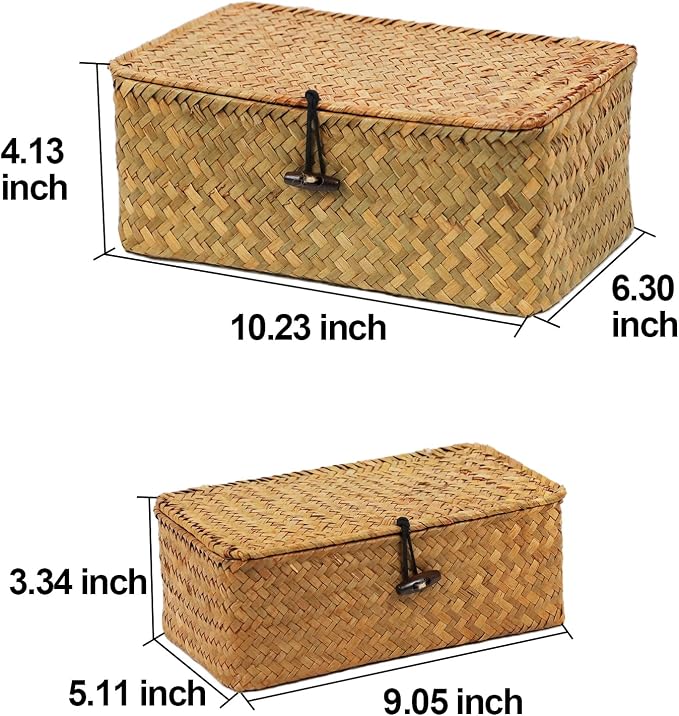 Set of 2 Wicker Basket with Lid, Seagrass Woven Basket for Storage, Decorative Storage Baskets Bins for Organizing Home - Image 3