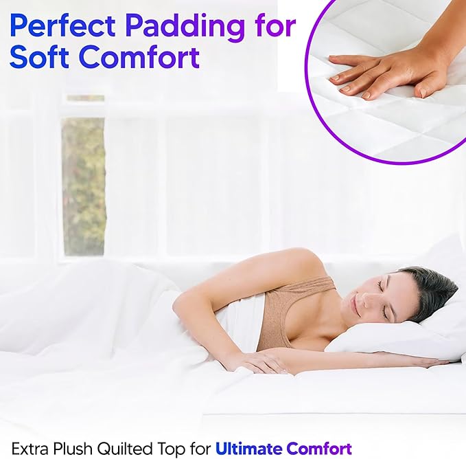 Express Supplies Quilted Fitted Waterproof Mattress Pad - 15 Inch Deep, Non-Allergic, Hollow Fibre Polyester Filling - Machine Washable Mattress Pad, Elastic Fitted Mattress Topper (Queen Pad)