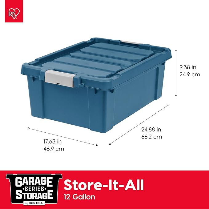 IRIS USA 12 Gallon Eco-Friendly Lockable Storage Bins with Lids, 4 Pack - Made in USA, Heavy Duty, Stackable Containers, Garage Organizing Bins Moving Tubs, Rugged Sturdy Equipment Utility Box - Navy - Image 2