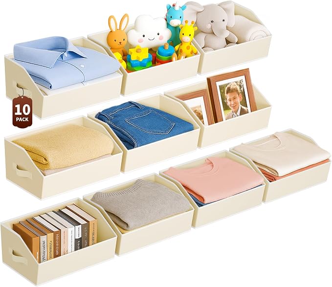 Homsorout Large Closet Organizers and Storage Bins - 10 Pack Trapezoid Storage Baskets for Shelves, Foldable Fabric Basket with Handles Ideal for Closet, Basket, Wardrobe and Shelf Storage, Beige by Homsorout