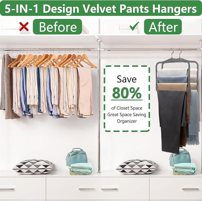 Closet Organizers and Storage,Pants Hangers Space Saving,Velvet Hanger for Organization and Storage,Dorm Room Essentials for College Students Girls,Home Organization Scarf Jeans Hangers-2 Pack - Image 2