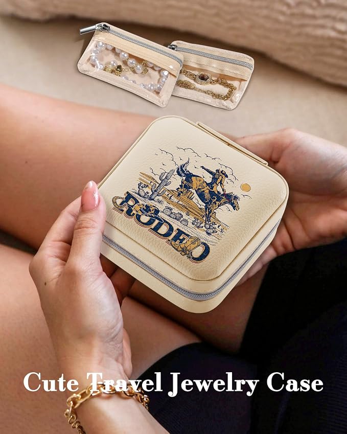 Bistup Travel Jewelry Case - Small Jewelry Organizers and Storage Box for Women Girls Teens Cute Traveling Jewelry Holder with Mirror Little Tiny Compact Modern Unique Aesthetic Pretty, Western - Image 3