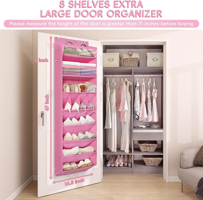 FENTEC 1 Pack 8 Shelves Over The Door Shoe Organizer,68" Exlarge Deep Pockets Hanging Shoe Organizers, Shoe Rack for Closet, Shoe Holder for Boots,Over Door Organizer in Home, RV, Dorm, Pink - Image 2