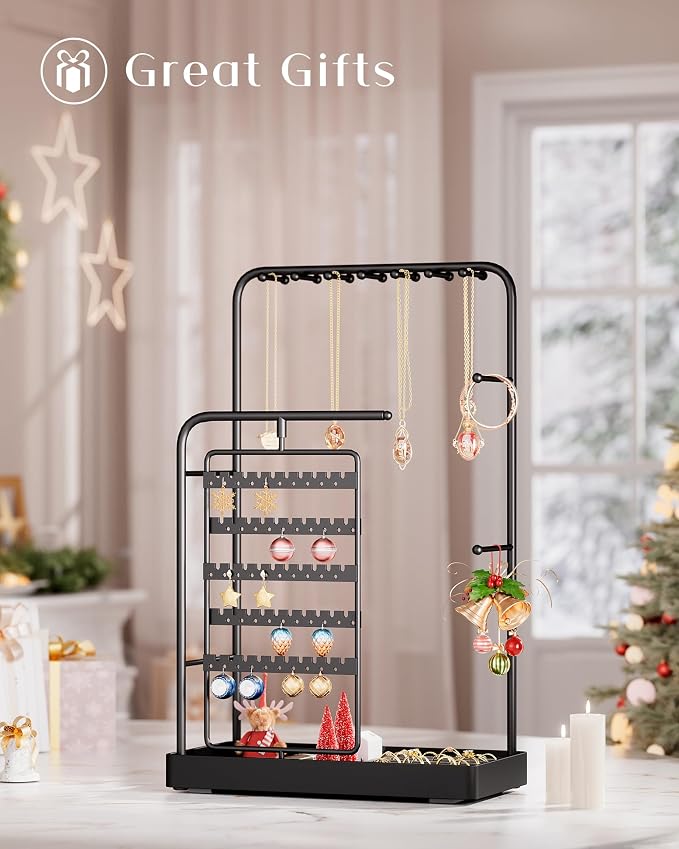 ProCase Jewelry Stand Holder Organizer, Jewelry Display Storage with Ring Tray, Rotating Earring Bracelet Necklace Holder, Valentine's Gifts Room Dorm Decor for Teen Girls -Black (No-Assembly) - Image 8