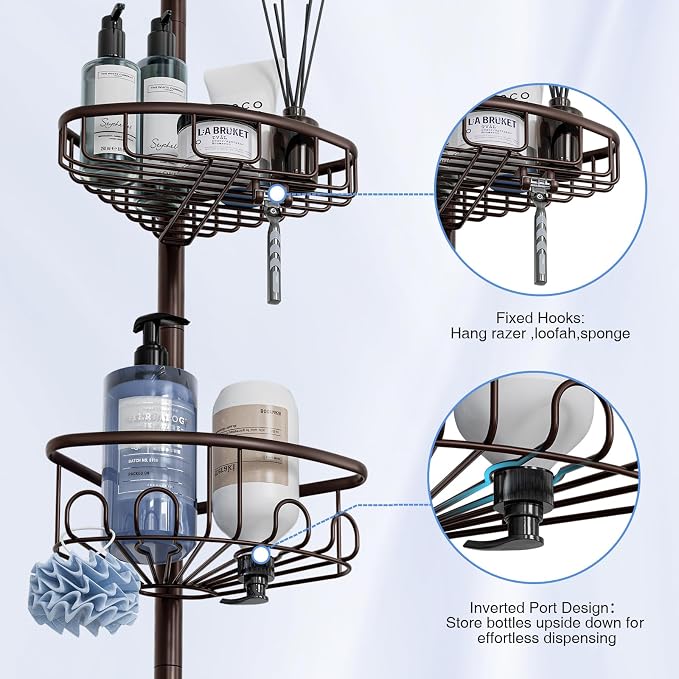 Corner Shower Caddy Tension Pole: Stainless Steel Rustproof 4-Tier Shower Organizer - 47-121 inch Adjustable Bathroom Shelves for Bathtub Shampoo Storage - Tension Rod Floor Standing Bath Rack -Bronze - Image 3