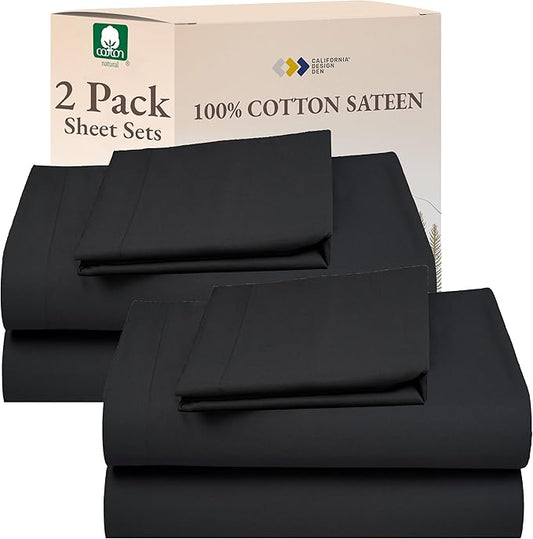 California Design Den 100% Cotton 2-Pack Twin XL Sheet Sets, Soft Extra Long Twin Bed Sheets, 12" Pocket Sheets, Twin XL Sheets Sateen, Dorm Essentials for Guys - Dark Grey (Black Tone)