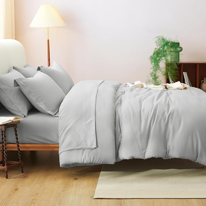 CozyLux Full Size Comforter Sets Light Grey, 7 Pieces Bed in a Bag Full Comforter Set with Sheets, Light Gray Luxury Soft Bedding Set with Down Alternative Comforter, Sheets, Pillowcases & Shams