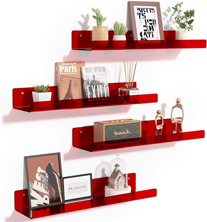 upsimples Acrylic Shelves for Wall Decor, 15" Display Shelf Perfume Organizer for Bathroom, Bedroom, Living Room, Floating Bookshelves for Kids, Clear Red, 4 Pack by upsimples