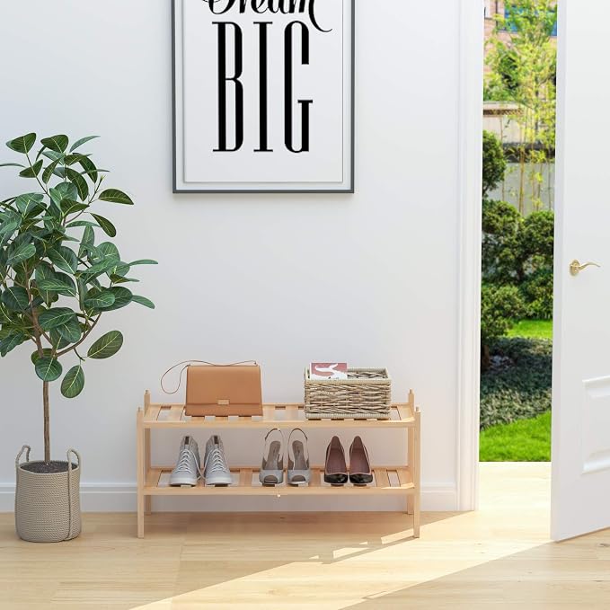Dranixly Shoe Rack, 2-Tier Bamboo Stackable Shelf Storage Organizer, Stand for Closet, Entryway, Hallway, Bathroom and Living Room（Natural） - Image 2