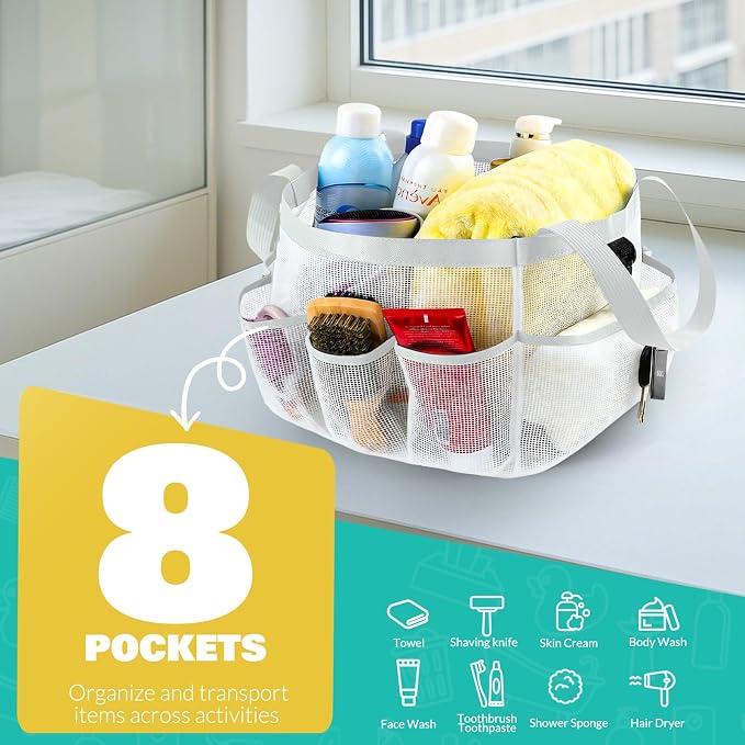 LOYEE Mesh Shower Caddy Portable for College Dorm Room Essentials with 8 Pockets, Shower Bag for Beach, Swimming, Gym, Travel, Bathroom(All white) - Image 3