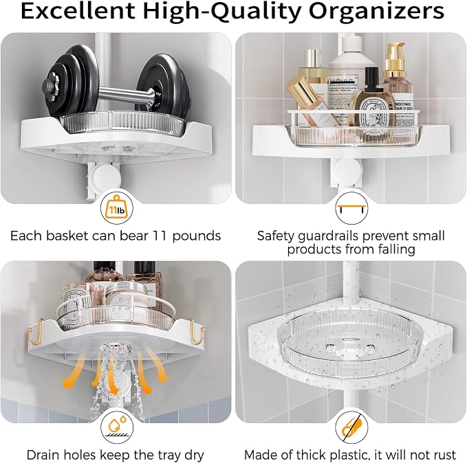 shuang qing 360° Rotating Corner Shower Caddy Tension Pole Organizer - 4-Tier Adjustable Rustproof Metal Pole, Plastic Shelves with Safety Guardrail, Bathroom Storage for Shower & Bathtub(White) - Image 5