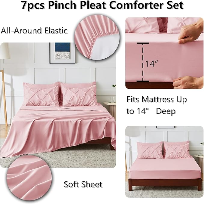 CozyLux King Size Comforter Set Pink, 7 Pieces Pintuck Bed in A Bag Pink Comforter King Size, Pinch Pleat Bedding Set with All Season Comforter, Sheets, Pillowcases & Shams