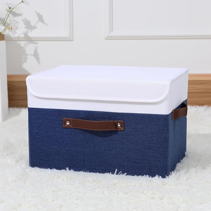 ANMINY Storage Boxes with Lids Washable Decorative Storage Bins Basket with PU Leather Handle Foldable Linen Fabric Storage Cubes Containers for Home Closet Organizer - Deep Blue White, Large Size - Image 6