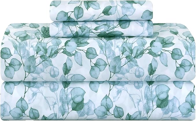 Feather & Stitch Printed 500 TC California King Size 4pc Damask Bed Sheet Set, 100% Soft Cotton Breathable Bedsheets, 18" Deep Pockets Sateen Weave Striped Bedding Mattress - Green Leaf
