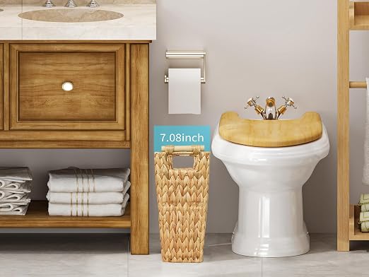Coeusy 6 Gallon Wicker Trash Can with Wooden Handle,Wicker Waste Basket for Bathroom,Bedroom,Large Narrow Water Hyacinth Trash Basket,Rattan Boho Decor Farmhouse Bathroom Trash Can - Image 3