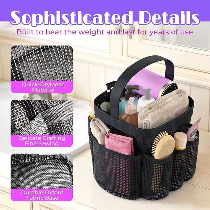 Mesh Shower Caddy Portable with 8 Upgraded Deeper Pockets,Hanging Caddy Dorm Basket, Quick Dry Shower Bag - Image 5