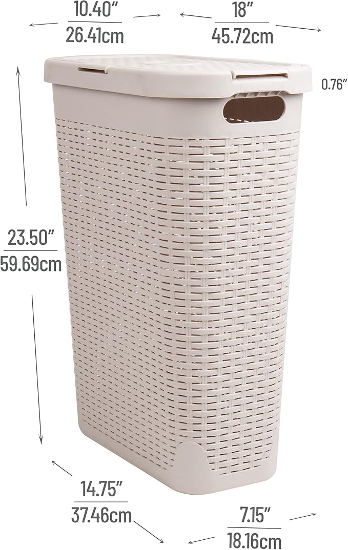 Mind Reader Slim Laundry Hamper with Lid, 40L Clothes Basket, Narrow Tapered Design with Ventilated Cutout Pattern, Plastic, Set of 2, Ivory - Image 3