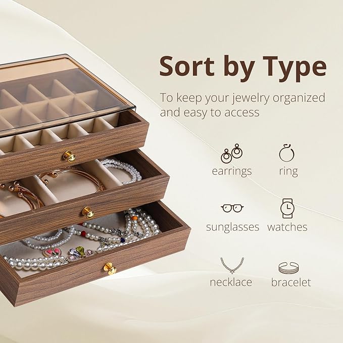 3 Layer Wooden Drawers Jewelry Box Vintage Style Jewelry Organizer with Acrylic Cover, Jewelry Storage Display Box for Ring Earrings Necklace Bracelet Box for Women and Girls(Walnut Color) (A) - Image 2