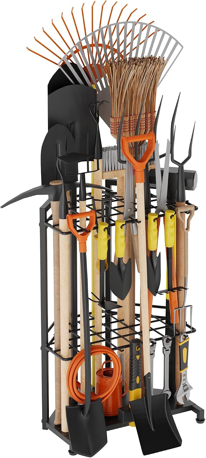 Garden Tool Organizer for Corner - Heavy Duty Metal Rack with 34 Storage Compartments & 14 Hooks for Shovels, Rakes, Long-Handled Tools, Ideal for Garden, Shed, Garage Storage by Sttoraboks
