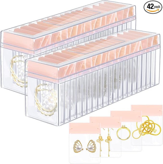 Kenning 42 Pcs Acrylic Jewelry Case Organizer, Clear Jewelry Organizers Holder with Portable Anti Tarnish Storage Bags for Rings, Earrings, Necklaces, Ideal Gifts for Women (Rose Pink) by Kenning
