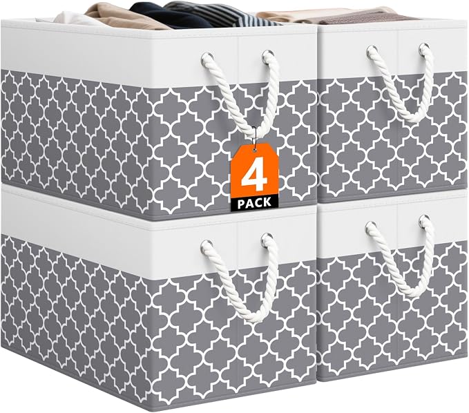 StorageTastic Storage Bin,Collapsible Storage Basket For Organizing,Large Storage Boxes With Rope Handles,Storage Containers,Clover Grey,4 Pack by StorageTastic