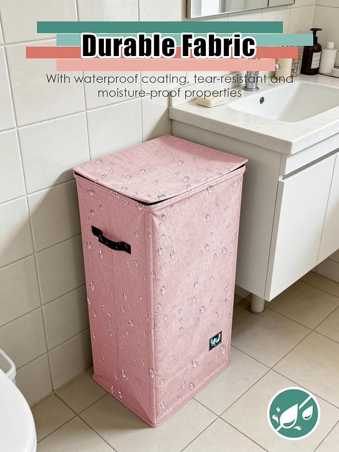 WTREE Laundry Hamper with Lid, Reinforced Sturdy Clothes Hamper with Anti-Puncture Base, Large Collapsible Laundry Basket with Removable Liner Bag, Tall Dirty Clothes Bin for Family, 100L Pink - Image 4