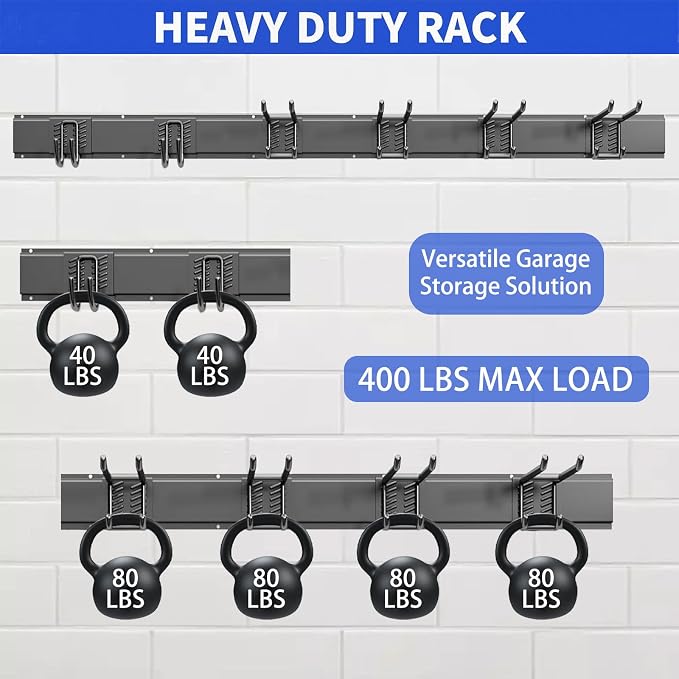 Garage Wall Organizer Wall Mount, 48inch Heavy Duty Garden Tool organizer Storage System, Easy Install With 6 Adjustable Hooks, For Garage, Basement, Shed, Workshop(Black) - Image 3