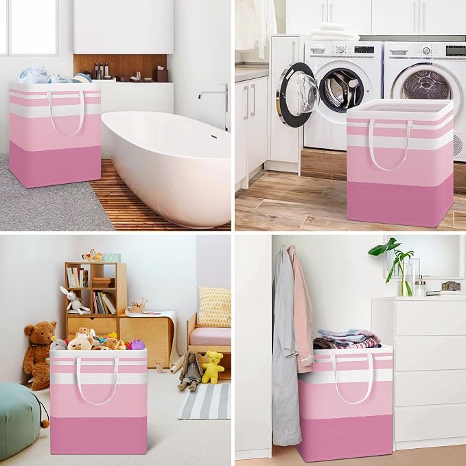 HomeHacks 2 Pack Large Laundry Baskets, Waterproof, Freestanding Laundry Hampers, Collapsible Clothes Hamper with Reinforced Handles in Laundry, College Dorm, Bathroom, Bedroom (Blue+Pink, 100Lx2) - Image 6