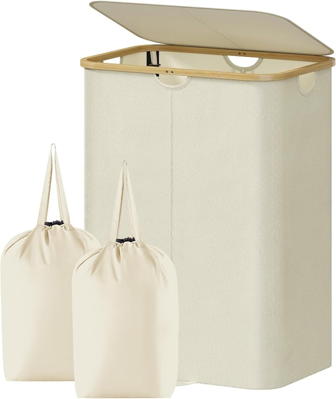 Lifewit 170L Double Laundry Hamper with Lid, Large Laundry Basket with Removable Bag & Bamboo Handles, Fodable Tall Dirty Clothes Hamper for Laundry Collapsible Bin for Bathroom Bedroom Dorm, Beige by Lifewit