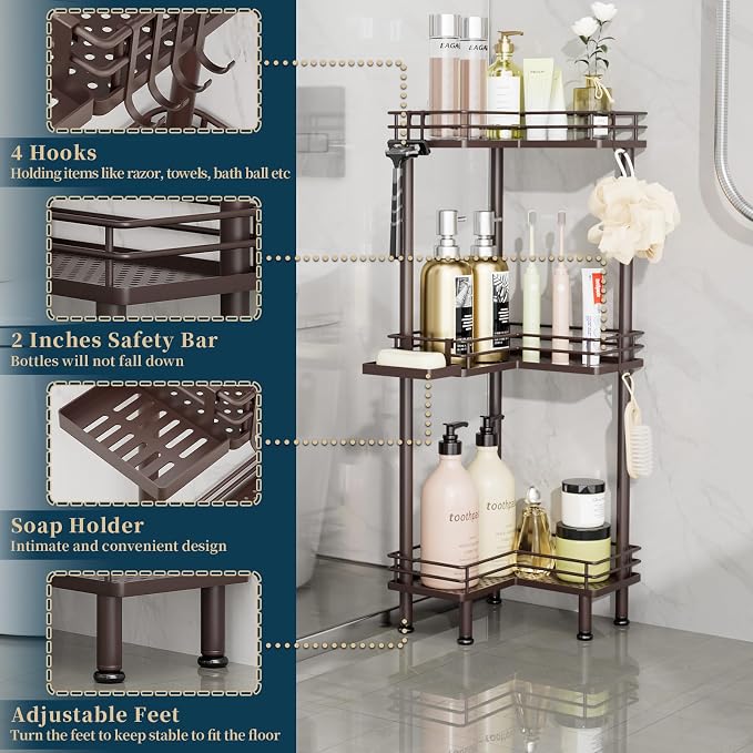 Consumest Corner Shower Caddy Standing - 3-Tier Stainless Steel Shower Organizer with Soap Holder and 4 Hooks, Large Capacity Corner Shelf Stand for Bathroom, Rest Room, Bronze - Image 3