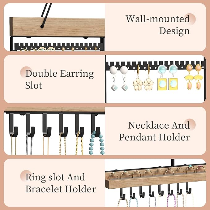 Feyejade Large Rotating Hanging Jewelry Organizer, 5-Tier Earring Holder Storage Holds up to 180 Pairs, Wall Mounted Jewelry Rack for Earrings, Necklaces, Bracelets and Rings, for Girls, Black - Image 5