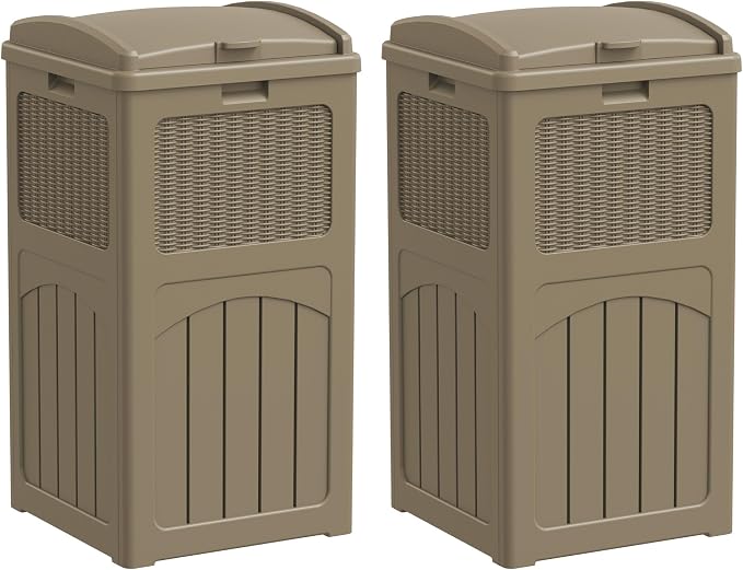 Greesum 33 Gallon Outdoor Trash Can with Lid (2-Pack), Heavy Duty Resin Garbage Bin, Waterproof & UV Resistant for Patio, Garden, Deck, Yard, Light Coffee by BuynowfromGreesum