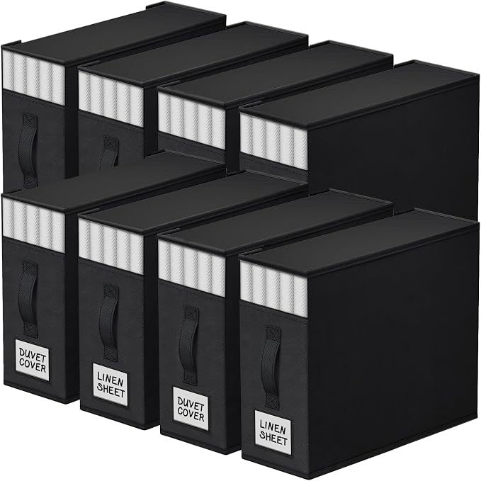 StorageTastic 8 Pack Bed Sheet Closet Organizers and Storage,Sturdy Foldable Storage Containers with Window and Label,Storage and Organization for Bedding Sheets,Duvet Covers,Blankets (Black) by StorageTastic