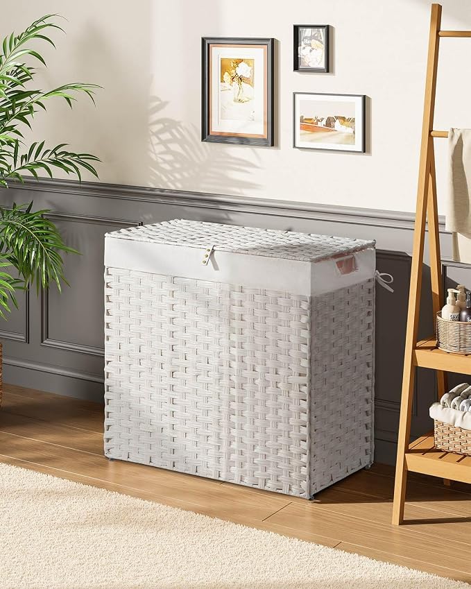 Greenstell Laundry Hamper with lid, No Install Needed, 130L Wicker Laundry Baskets Foldable 2 Removable Liner Bags, 2 Section Clothes Hamper Handwoven Rattan Laundry Basket with Handles, White - Image 2