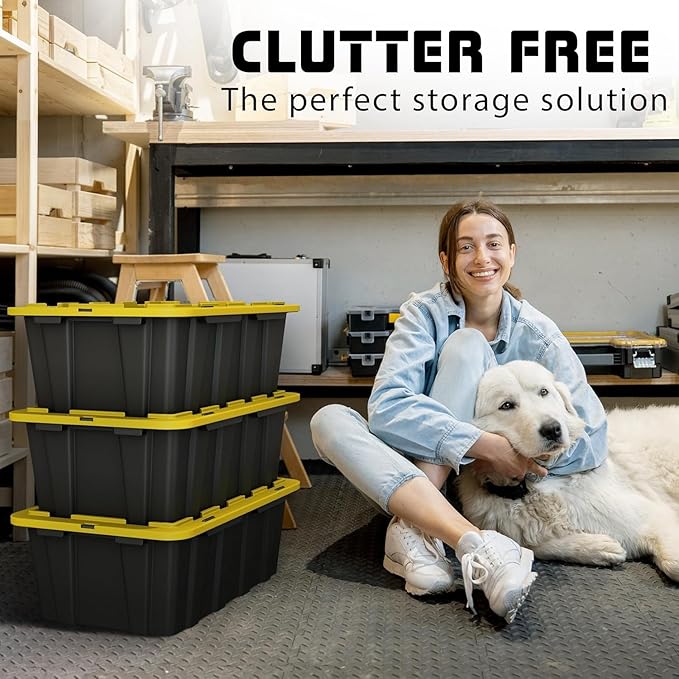 8 PACK Medium Black & Yellow Storage Bins | Plastic Tote Organizing Container with Secure Latching Lids, Stackable, Extra Strength with Built in Handle | Black and Yellow Bins | 24.5" x 16.5" x 9" - Image 2