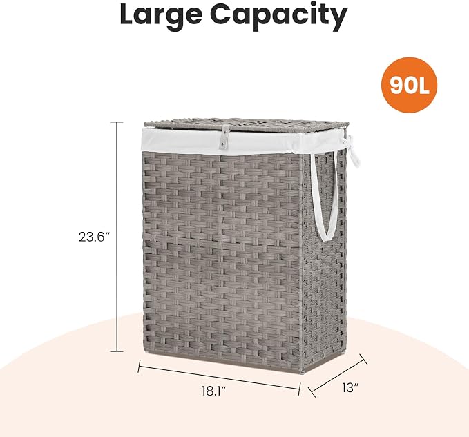 DUMOS Woven Laundry Basket with Lid, 90L Large Capacity Hamper, Removable & Machine-Washable Liner, Foldable Rattan Clothes Hamper, Sturdy Steel Frame, Odor Control, Dove Gray - Image 7