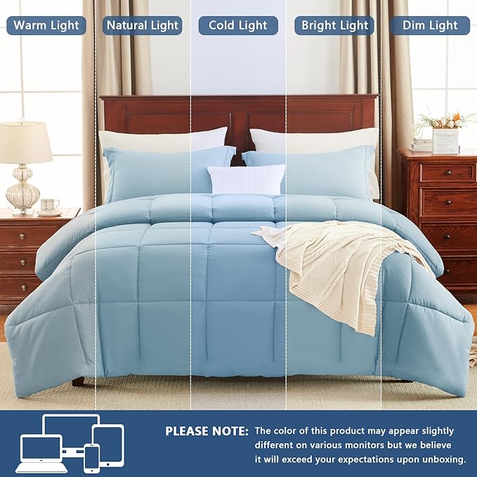 CozyLux Full Size Comforter Sets - Light Blue Comforter Full Size, 3 Pieces Box Stitched Bed Set for All Seasons, Soft Lightweight Bedding Sets with 1 Down Alternative Comforter and 2 Pillow Shams
