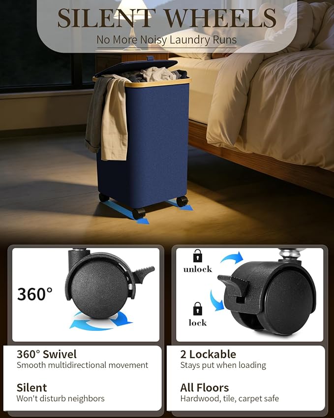 Laundry Hamper with Wheels, 110L Large Clothes Hamper with Removable Inner Bag, Collapsible Dirty Clothes Basket for Dorm, Rolling Dirty Clothes Basket for, Bedroom, Bathroom, Laundry Room - Image 3