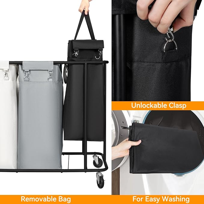 WOWLIVE Laundry Hamper with Wheels 260L Rolling Laundry Basket 3 Section Organizer Laundry Cart with Steel Frame and Removable Bags Large Dirty Clothes Hamper Dorm Room Storage for Bedroom - Image 5
