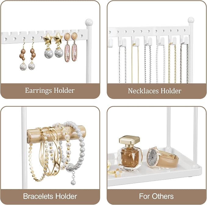 3 Tier white Jewelry Stand, Necklace Organizer, Earring Holder with 44 Holes and 9 Hooks, for Necklaces, Bracelets, Rings - Image 3